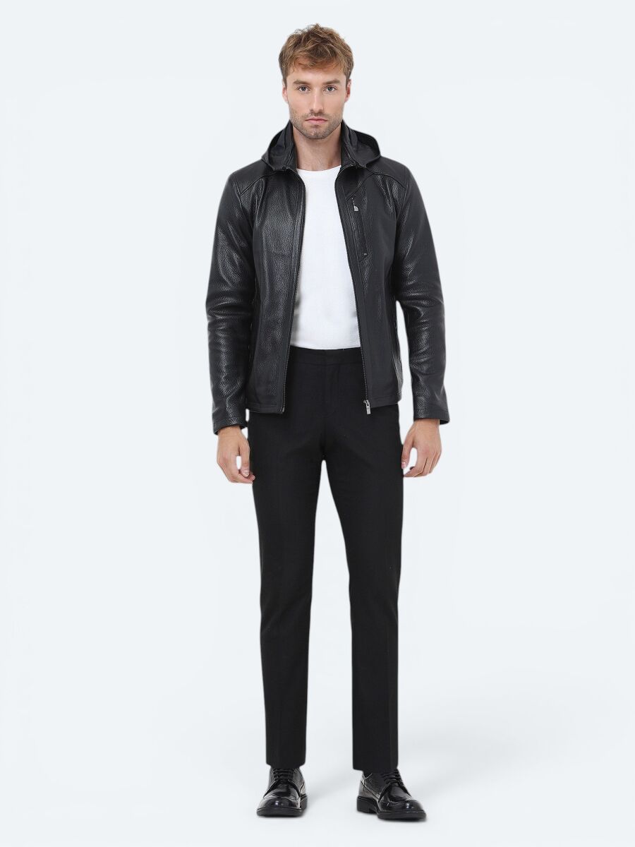Siyah Regular Fit Kapüşonlu Smart Casual Koyun Derisi Deri Mont - 2