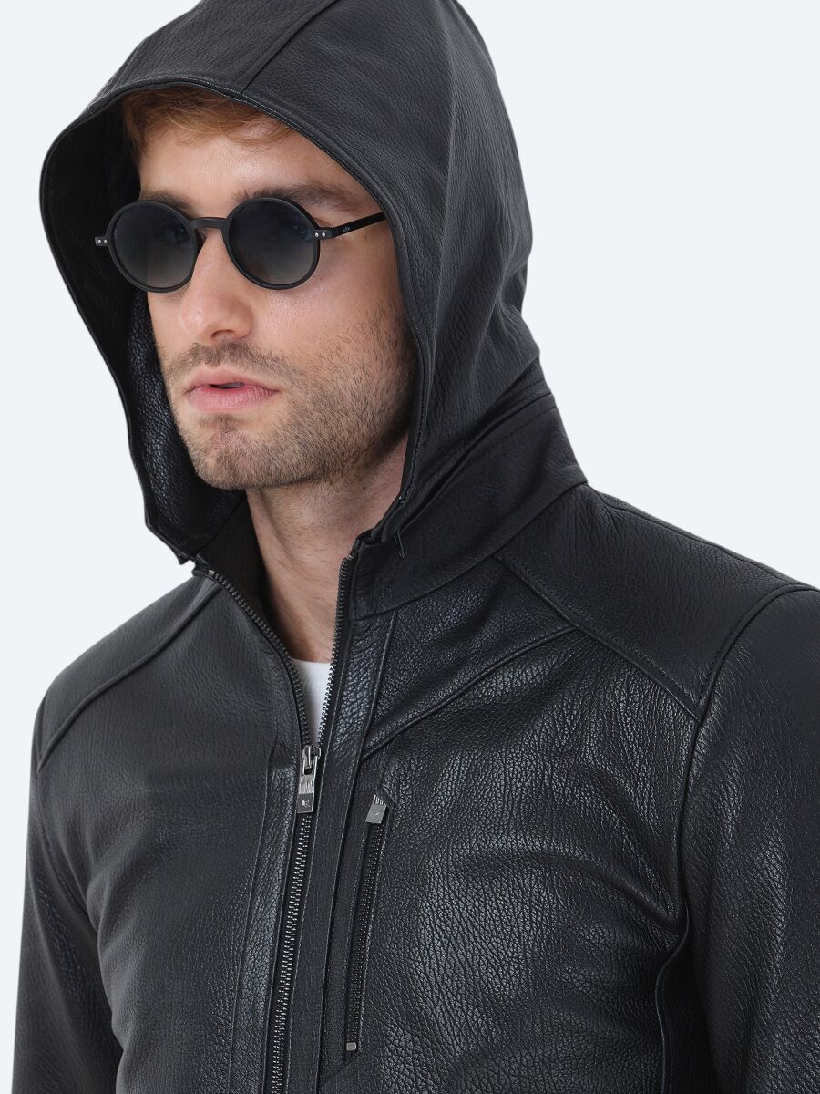Siyah Regular Fit Kapüşonlu Smart Casual Koyun Derisi Deri Mont - 3