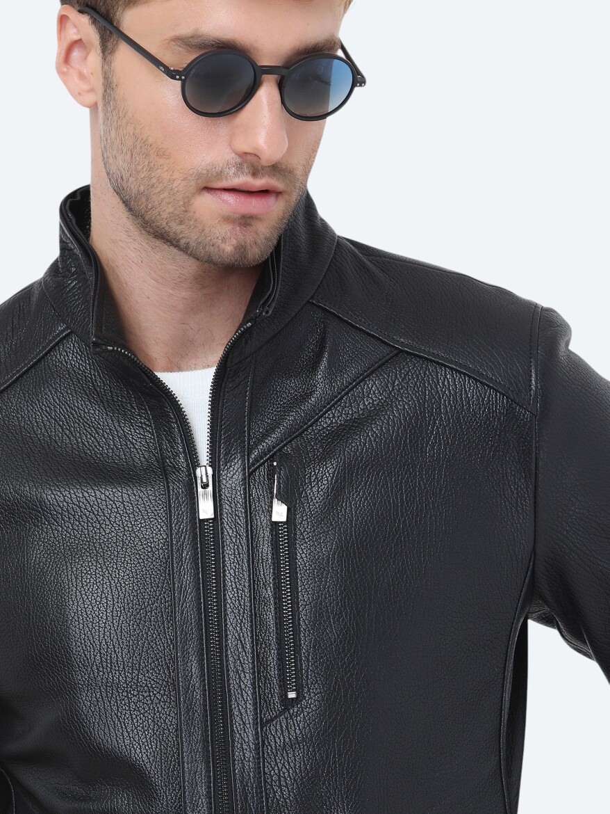Siyah Regular Fit Kapüşonlu Smart Casual Koyun Derisi Deri Mont - 4