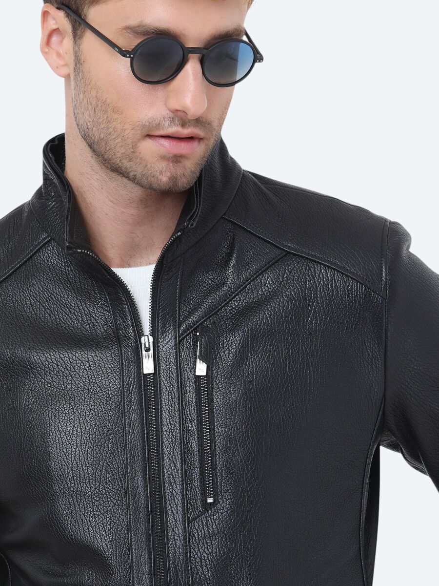 Siyah Regular Fit Kapüşonlu Smart Casual Koyun Derisi Deri Mont - 4
