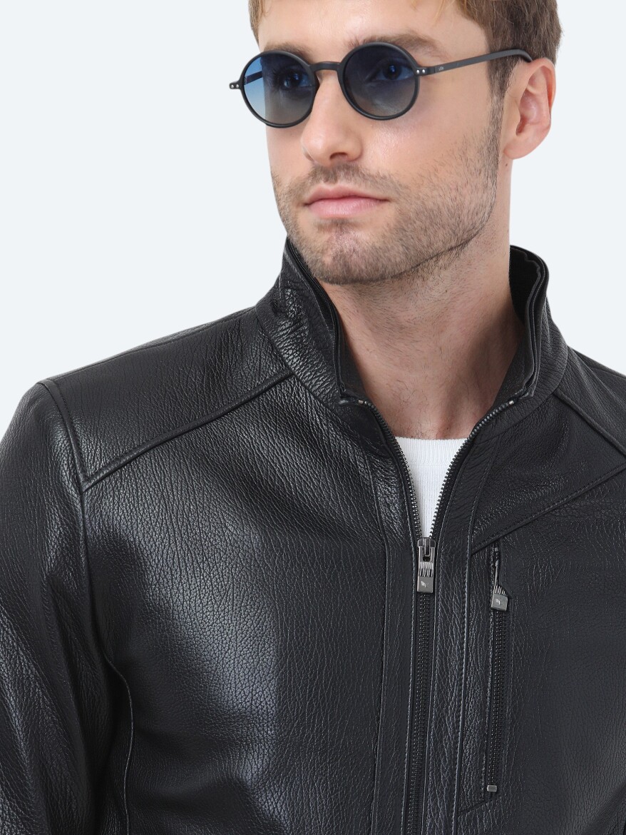 Siyah Regular Fit Kapüşonlu Smart Casual Koyun Derisi Deri Mont - 6