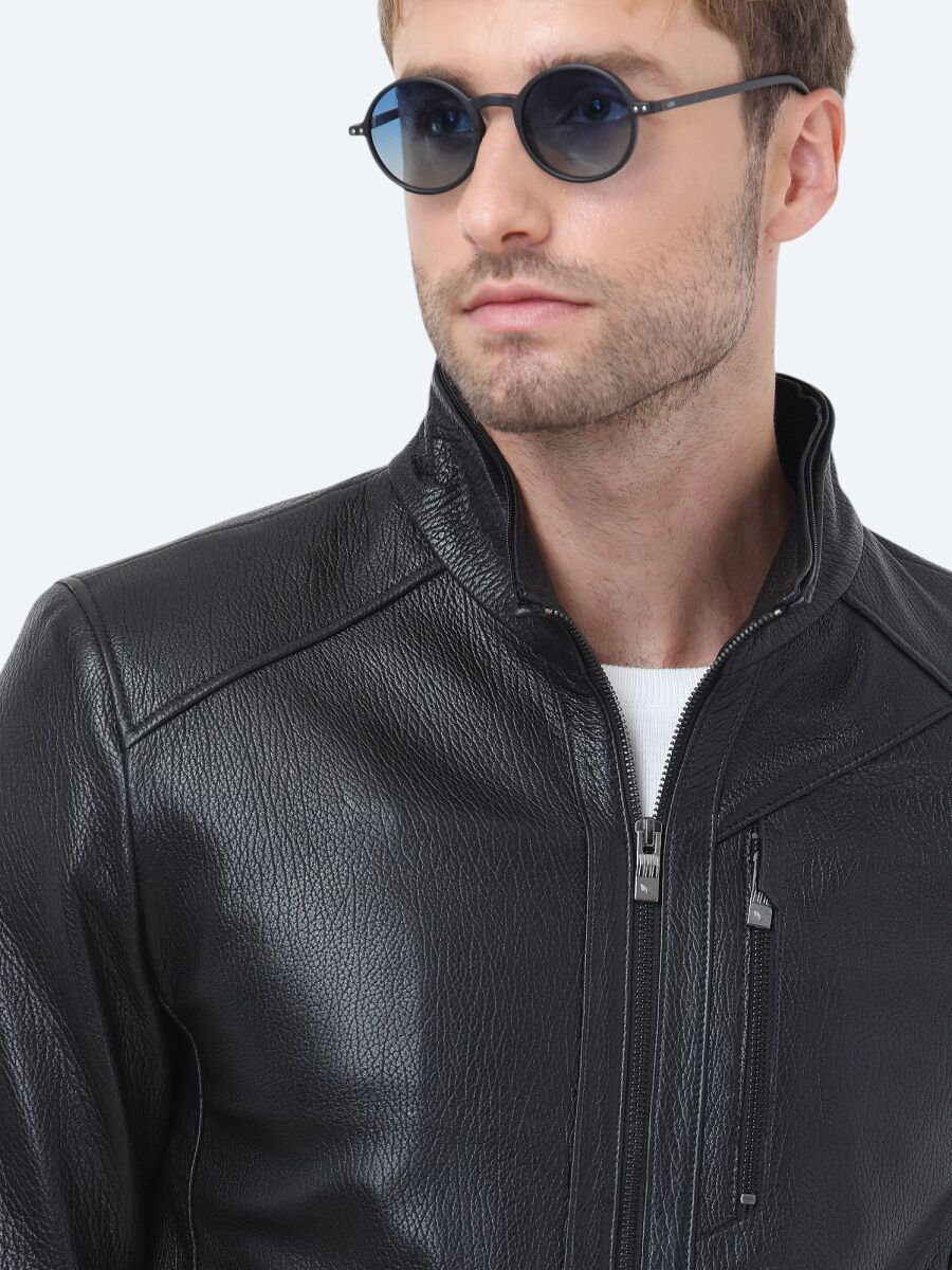Siyah Regular Fit Kapüşonlu Smart Casual Koyun Derisi Deri Mont - 6