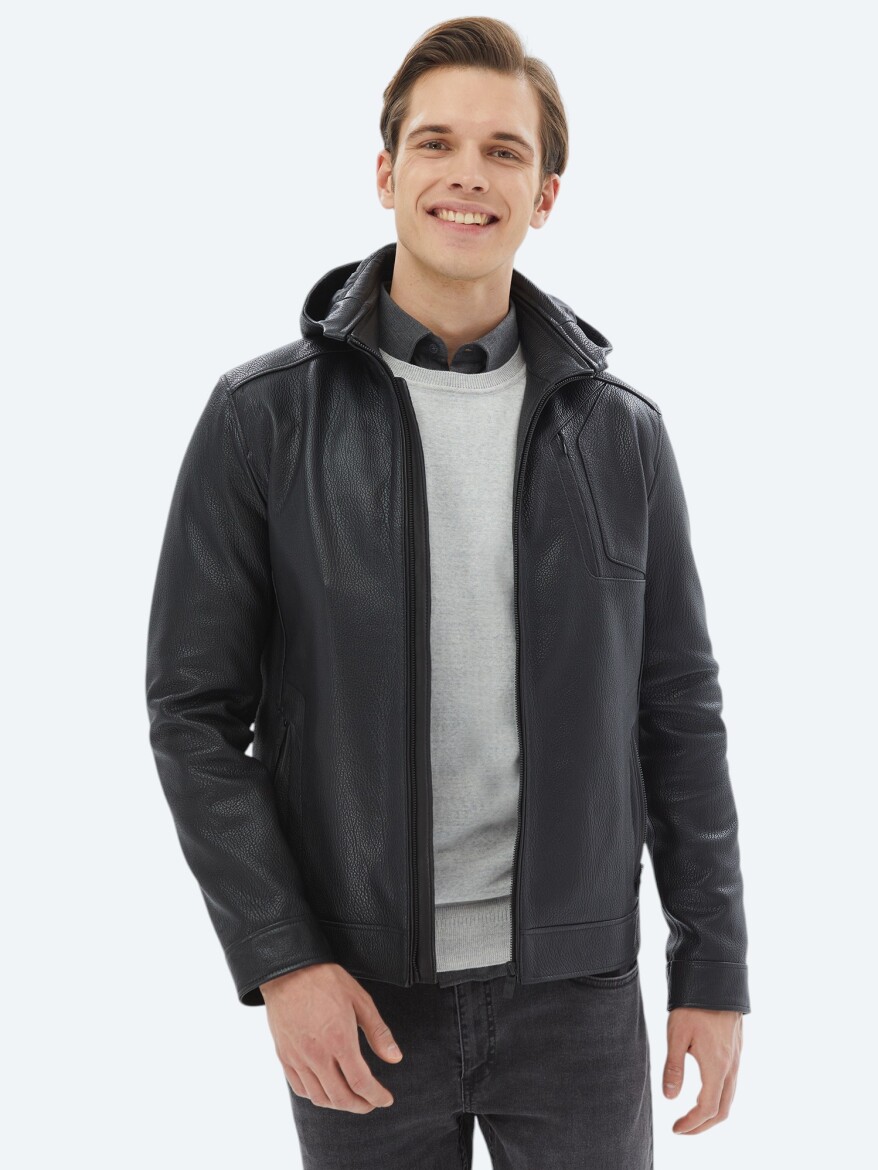 Siyah Regular Fit Kapüşonlu Smart Casual Koyun Derisi Deri Mont - 1