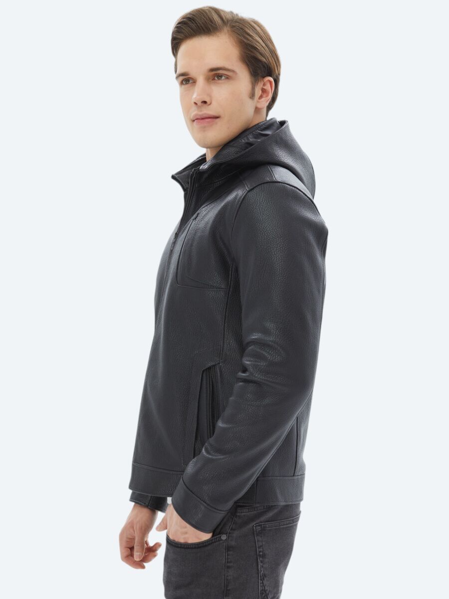 Siyah Regular Fit Kapüşonlu Smart Casual Koyun Derisi Deri Mont - 5