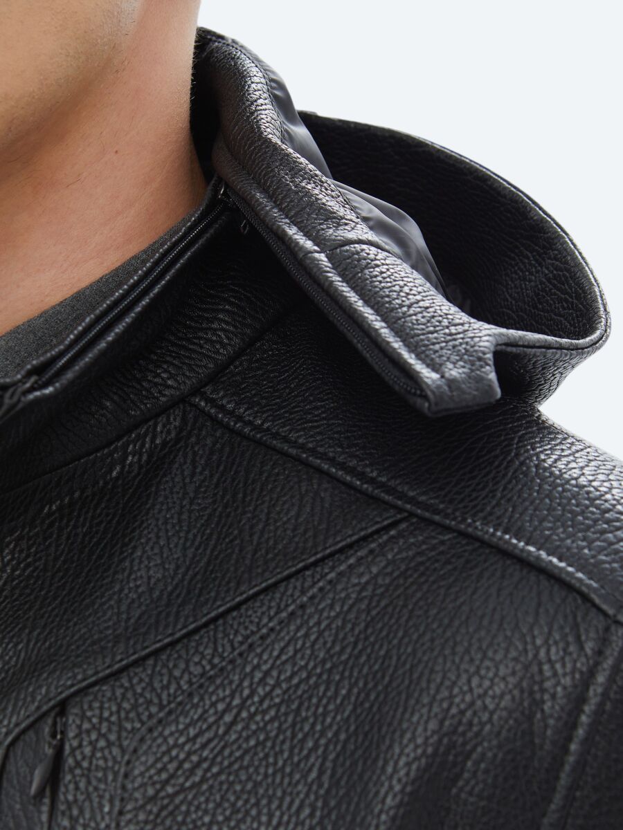 Siyah Regular Fit Kapüşonlu Smart Casual Koyun Derisi Deri Mont - 8