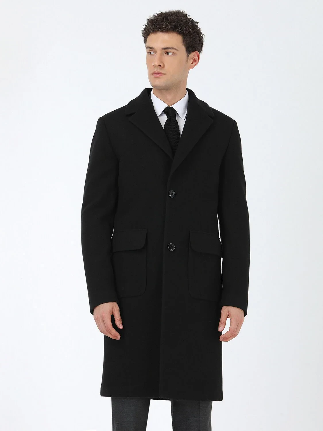 Siyah Regular Fit Kelebek Yaka Casual Örme Palto - 1