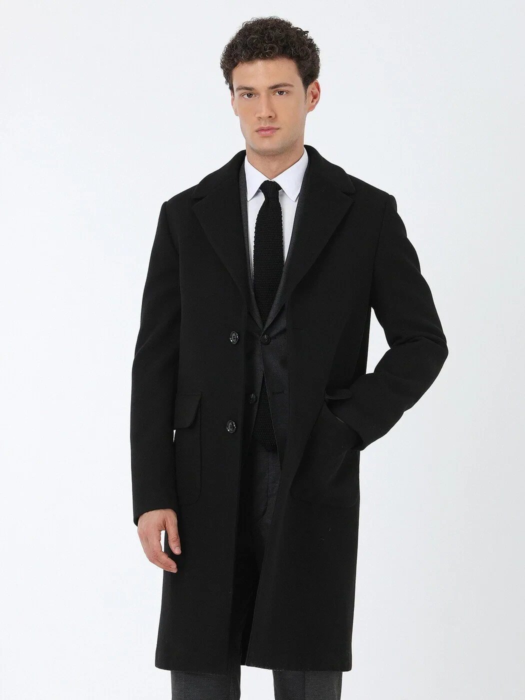Siyah Regular Fit Kelebek Yaka Casual Örme Palto - 3