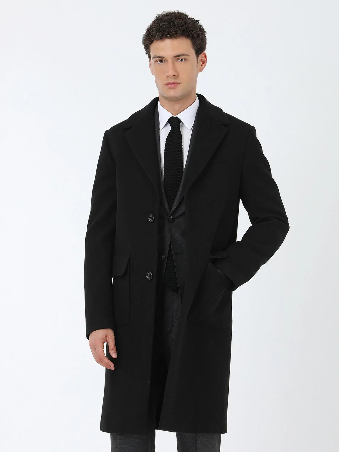 Siyah Regular Fit Kelebek Yaka Casual Örme Palto - 3
