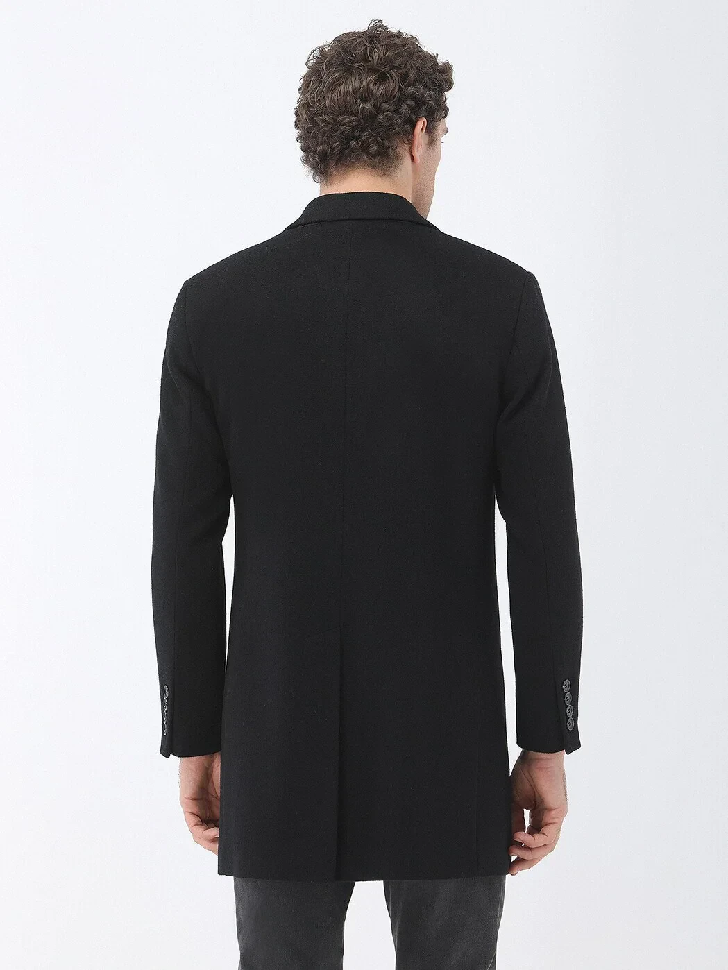 Siyah Regular Fit Kelebek Yaka Klasik Dokuma Palto - 5