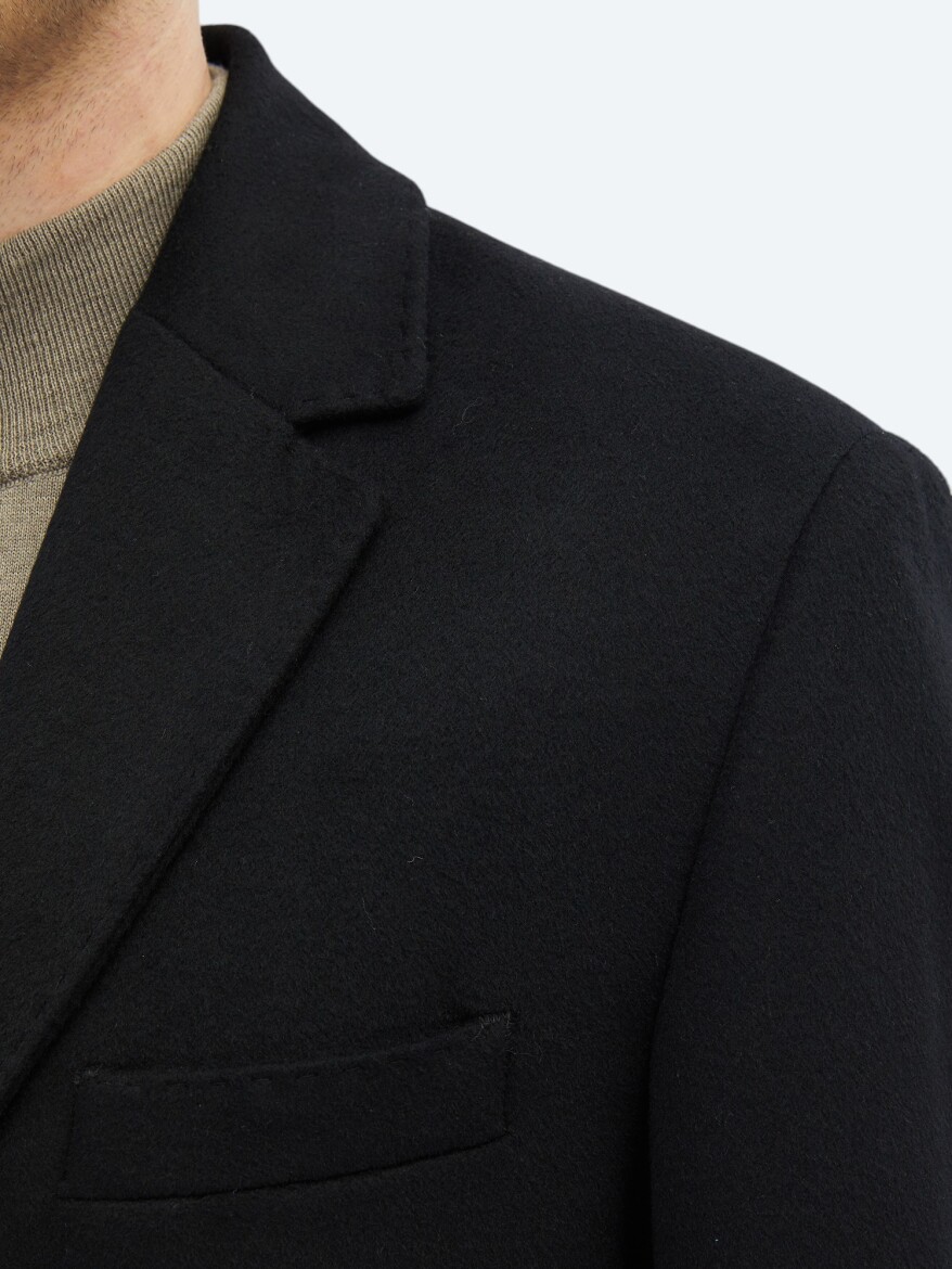 Siyah Regular Fit Kelebek Yaka Klasik Dokuma Palto - 5