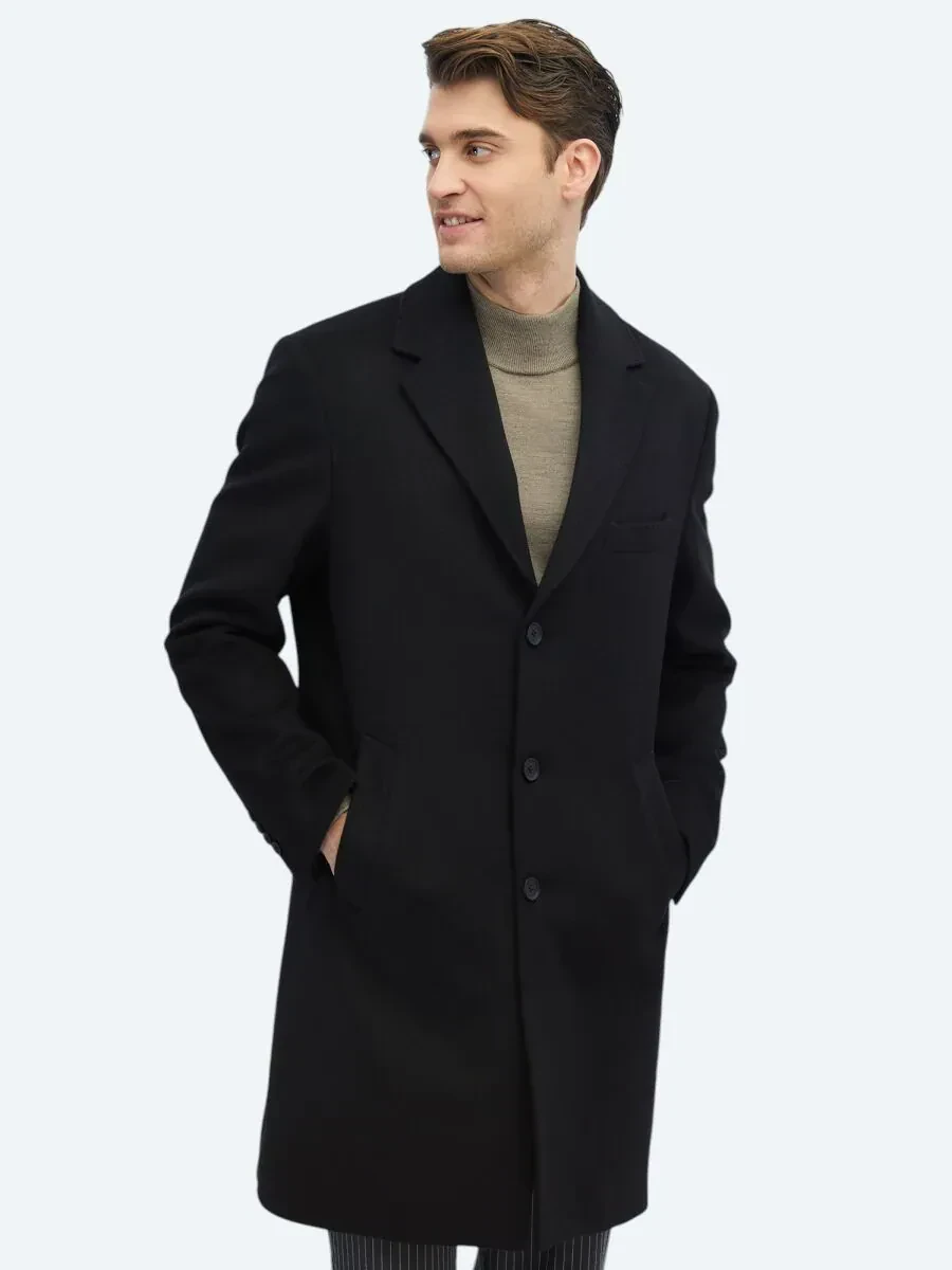 Siyah Regular Fit Kelebek Yaka Klasik Dokuma Palto - 1