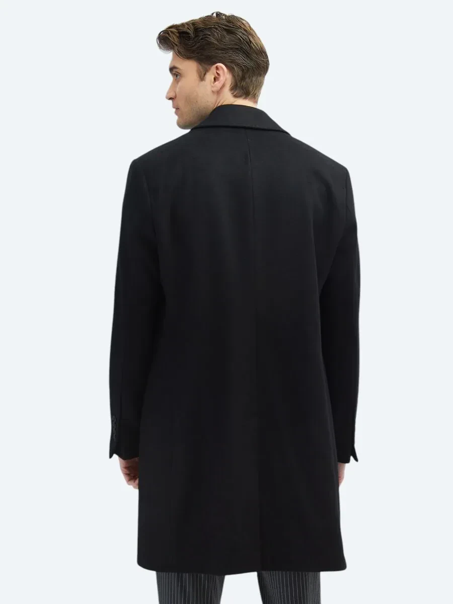 Siyah Regular Fit Kelebek Yaka Klasik Dokuma Palto - 6