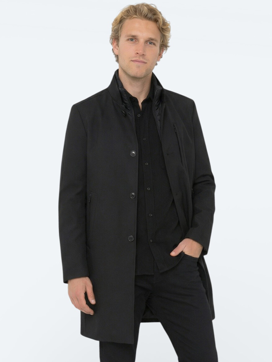 Siyah Regular Fit Kruvaze Yaka Casual Dokuma Pardesü - 3