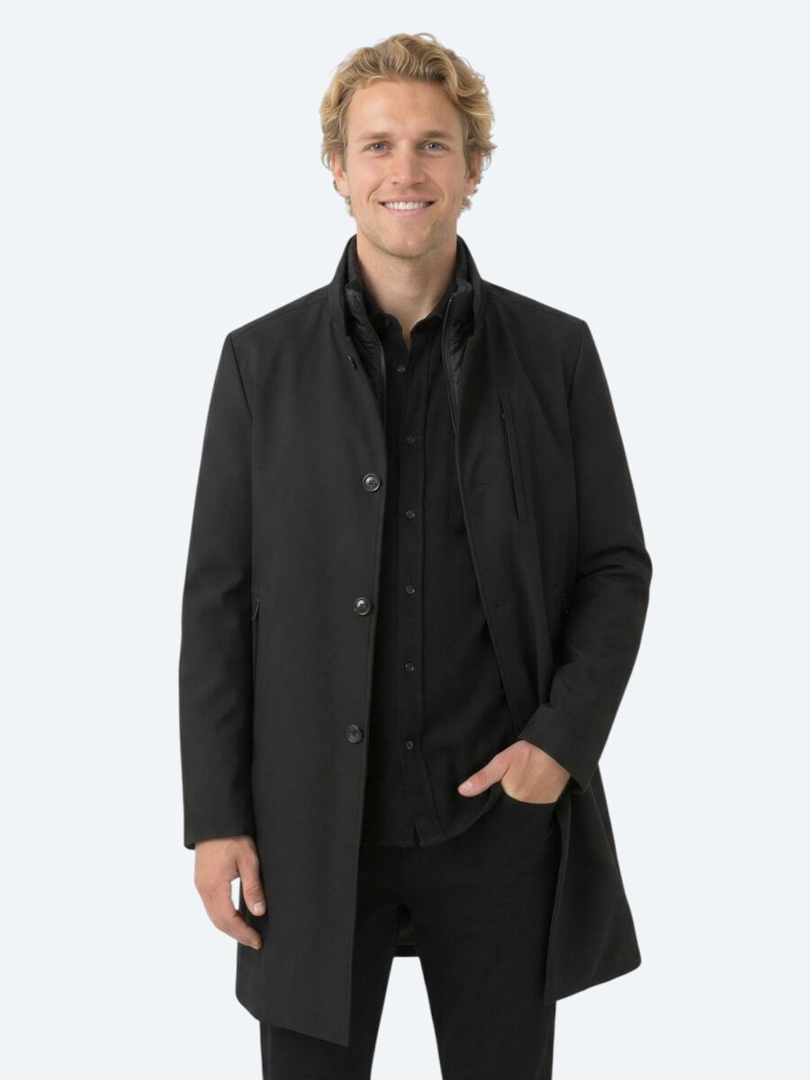 Siyah Regular Fit Kruvaze Yaka Casual Dokuma Pardösü - 1