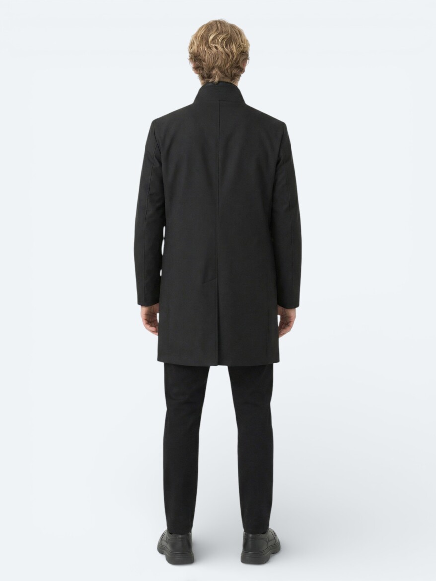 Siyah Regular Fit Kruvaze Yaka Casual Dokuma Pardösü - 4