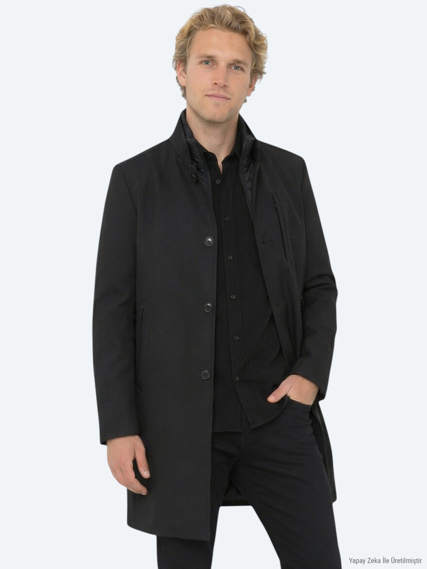 Siyah Regular Fit Kruvaze Yaka Casual Dokuma Pardösü - 3