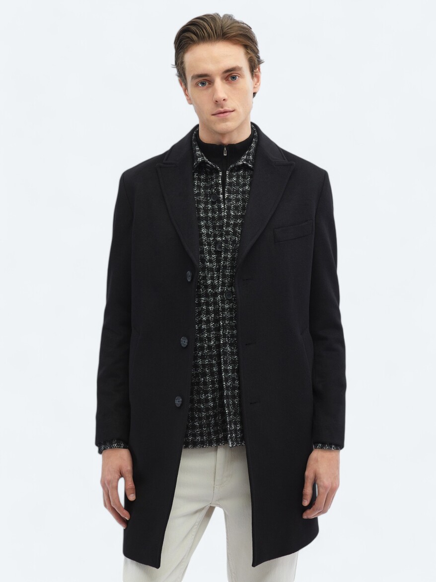 Siyah Regular Fit Kruvaze Yaka Klasik Dokuma Palto - 1