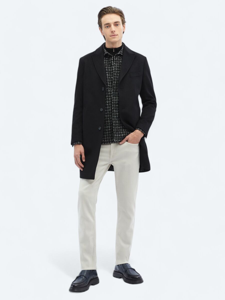 Siyah Regular Fit Kruvaze Yaka Klasik Dokuma Palto - 2