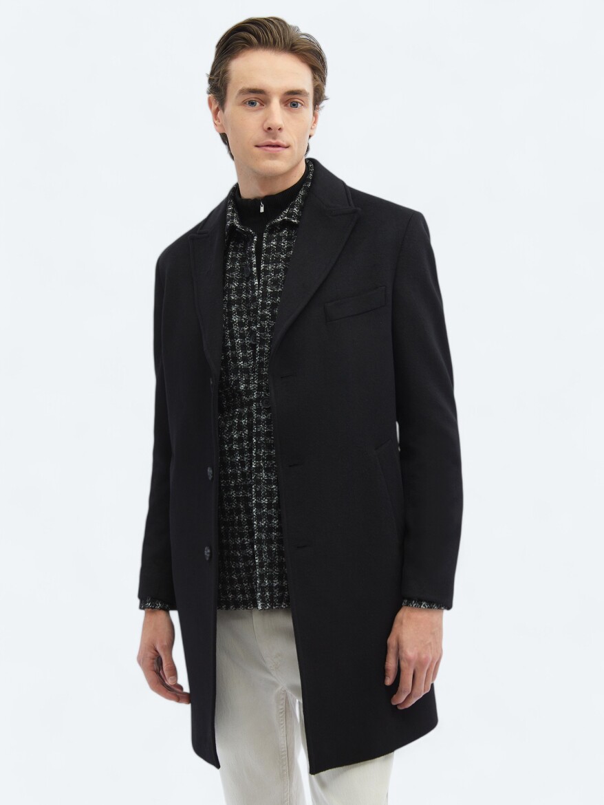 Siyah Regular Fit Kruvaze Yaka Klasik Dokuma Palto - 3