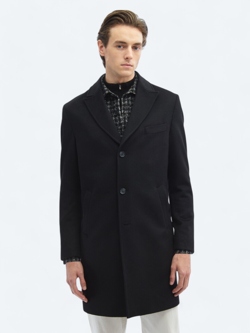 Siyah Regular Fit Kruvaze Yaka Klasik Dokuma Palto - 4