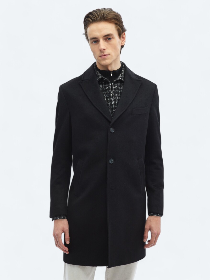 Siyah Regular Fit Kruvaze Yaka Klasik Dokuma Palto - 5