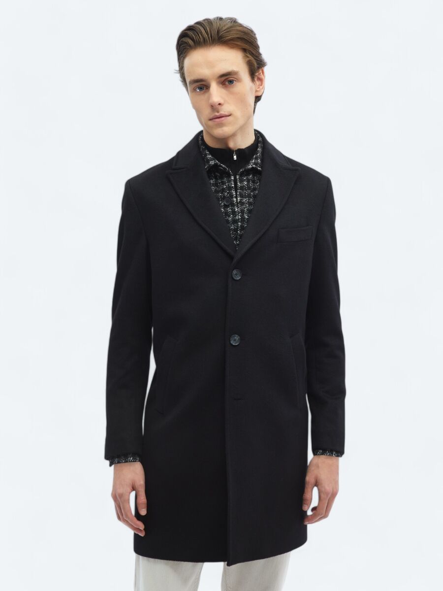 Siyah Regular Fit Kruvaze Yaka Klasik Dokuma Palto - 5