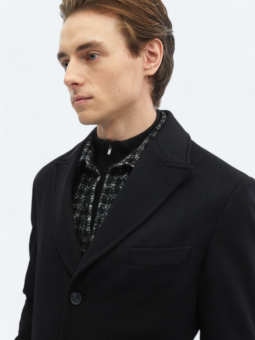 Siyah Regular Fit Kruvaze Yaka Klasik Dokuma Palto - 6