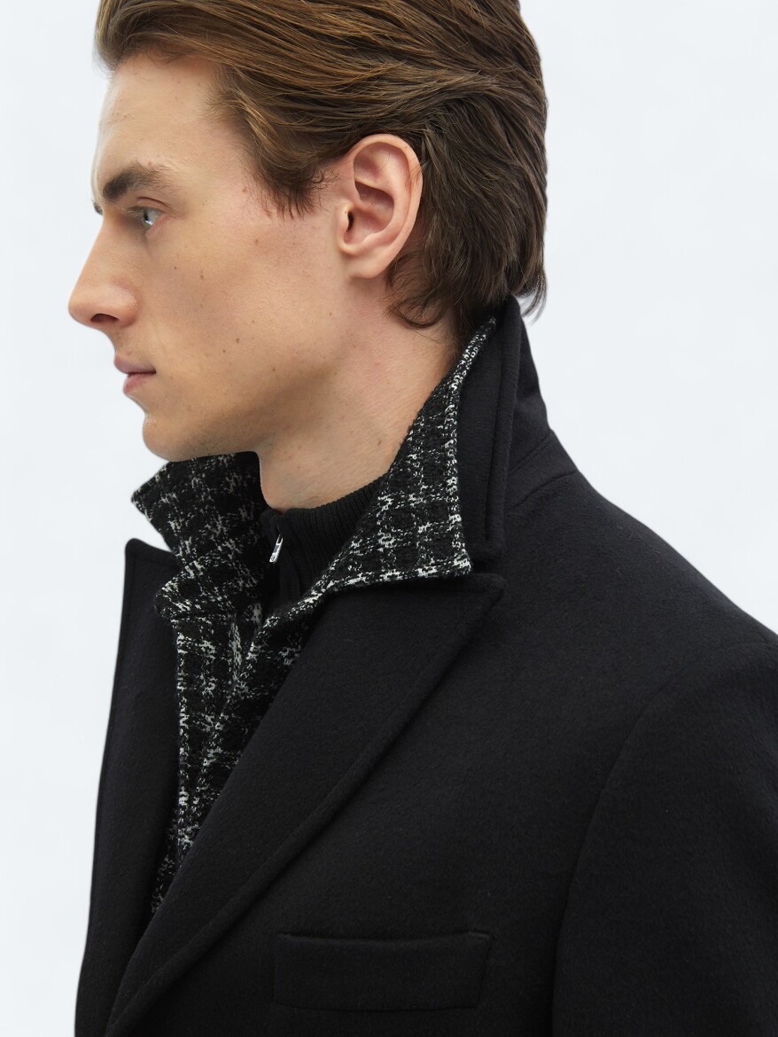 Siyah Regular Fit Kruvaze Yaka Klasik Dokuma Palto - 7