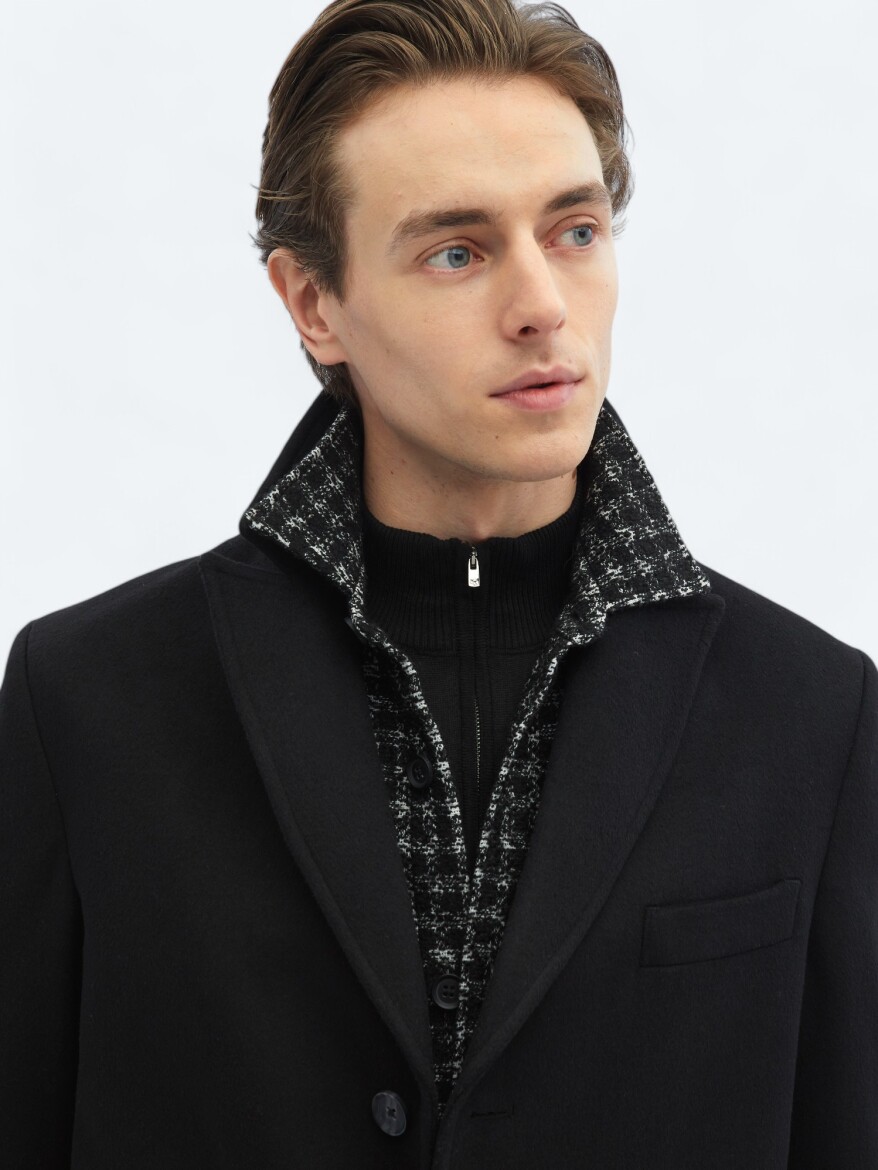 Siyah Regular Fit Kruvaze Yaka Klasik Dokuma Palto - 8