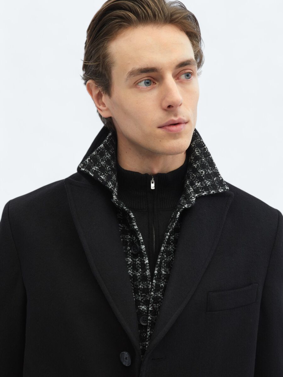 Siyah Regular Fit Kruvaze Yaka Klasik Dokuma Palto - 8