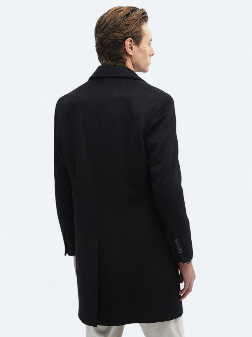 Siyah Regular Fit Kruvaze Yaka Klasik Dokuma Palto - 9