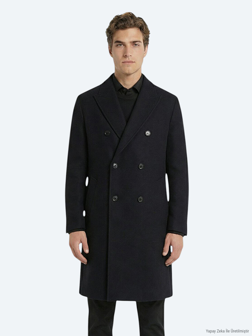Siyah Regular Fit Kruvaze Yaka Klasik Dokuma Palto - 3