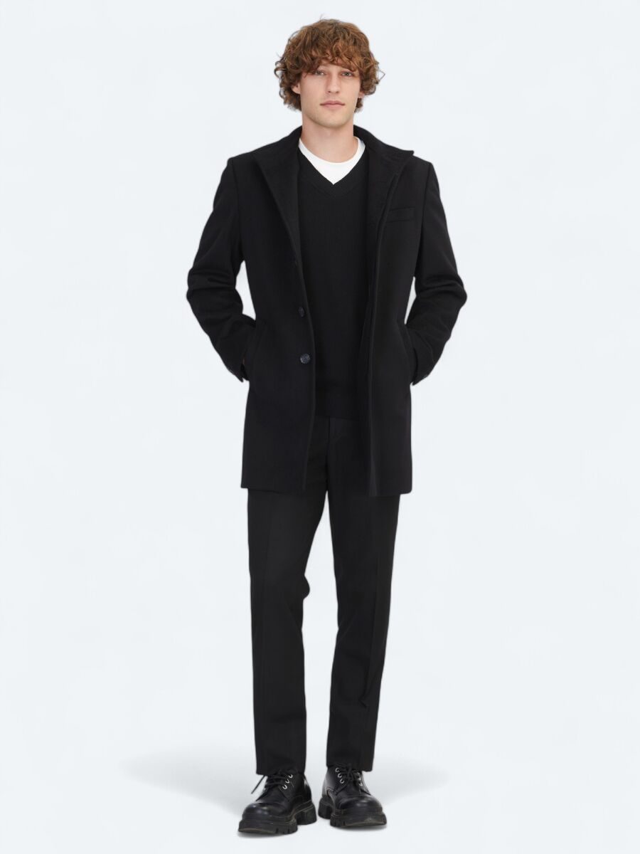 Siyah Regular Fit Şal Yaka Casual Dokuma Palto - 1