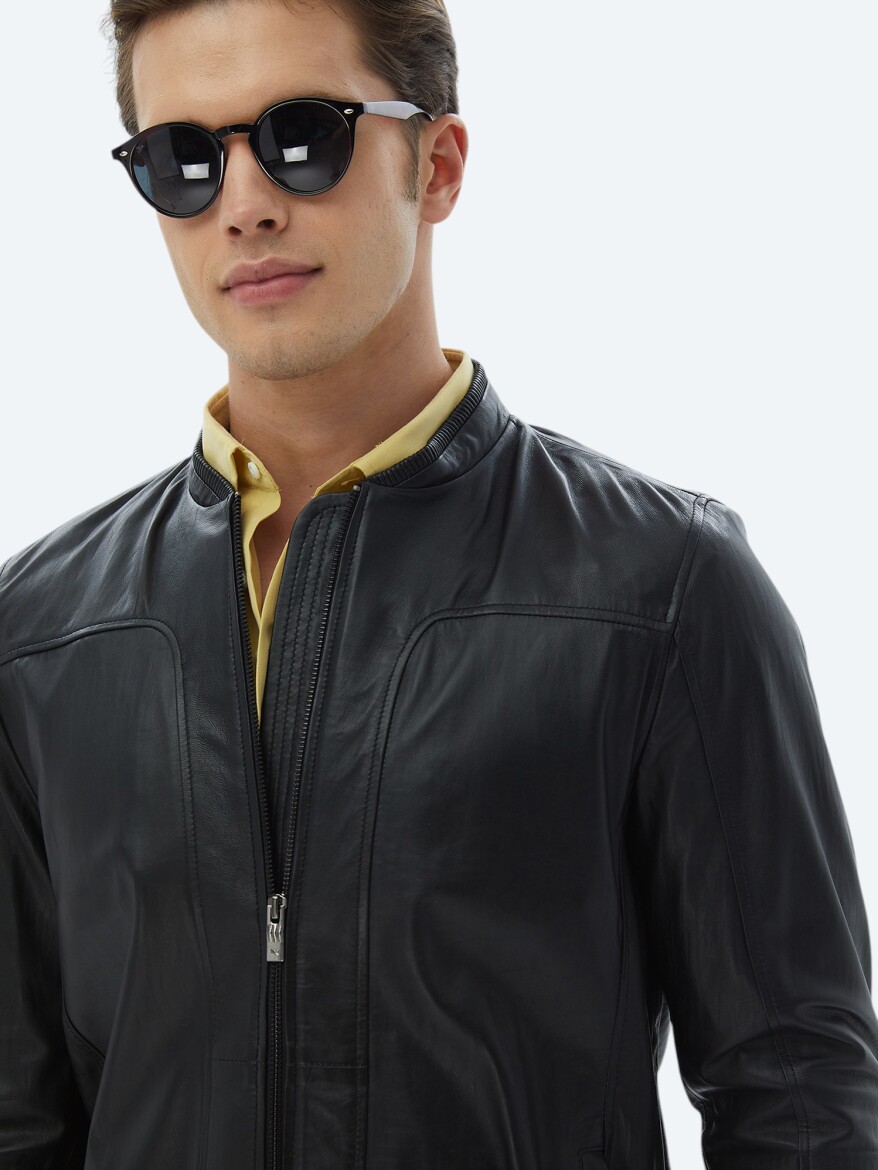 Siyah Regular Fit Smart Casual Koyun Derisi Deri Mont - 3