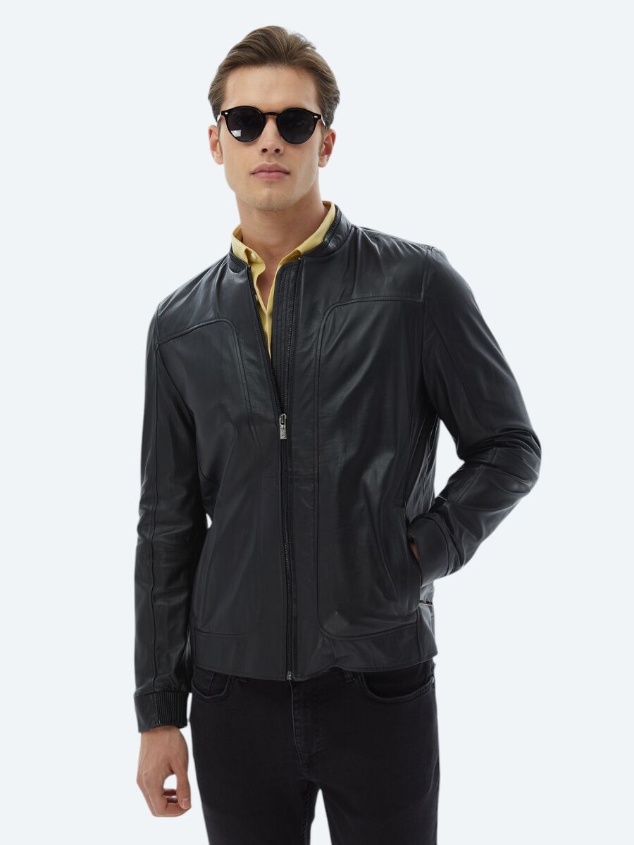 Siyah Regular Fit Smart Casual Koyun Derisi Deri Mont - 5