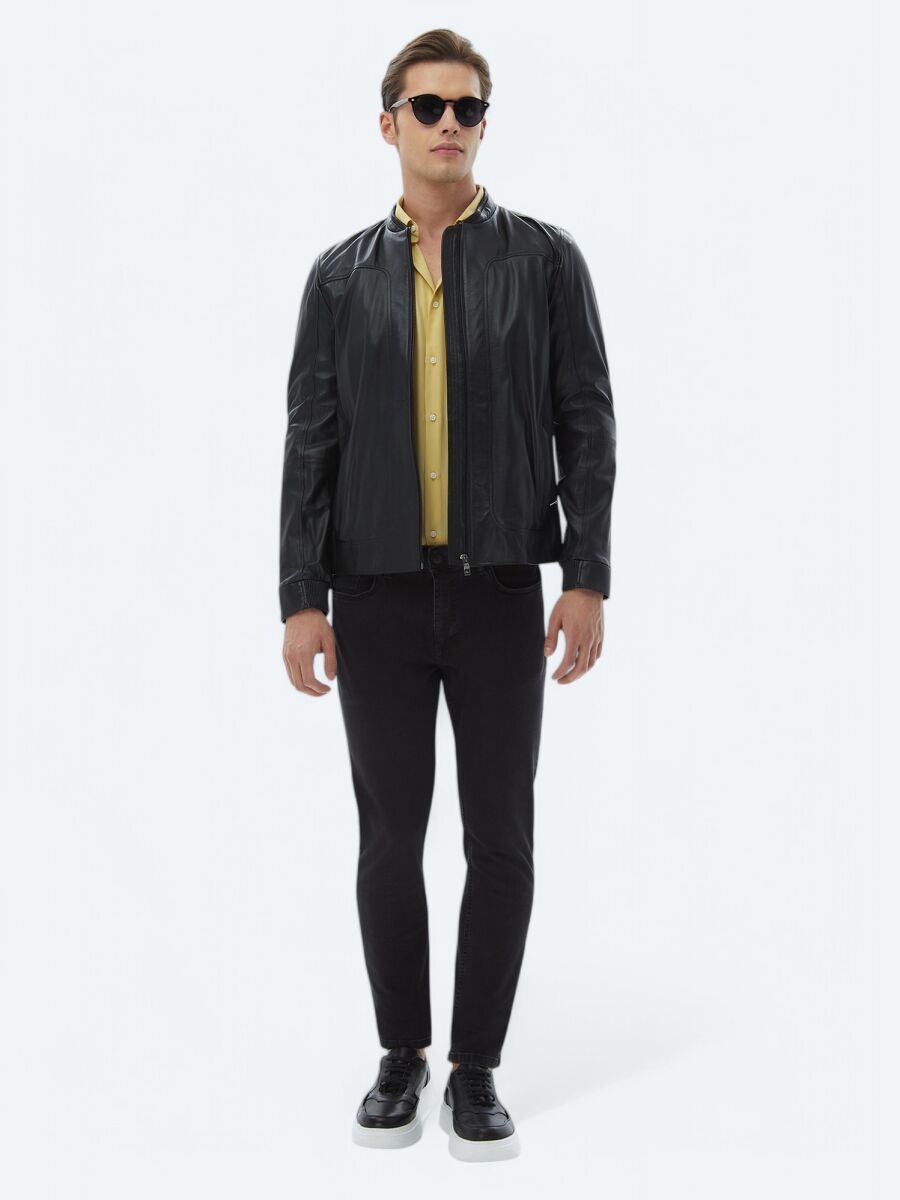 Siyah Regular Fit Smart Casual Koyun Derisi Deri Mont - 8