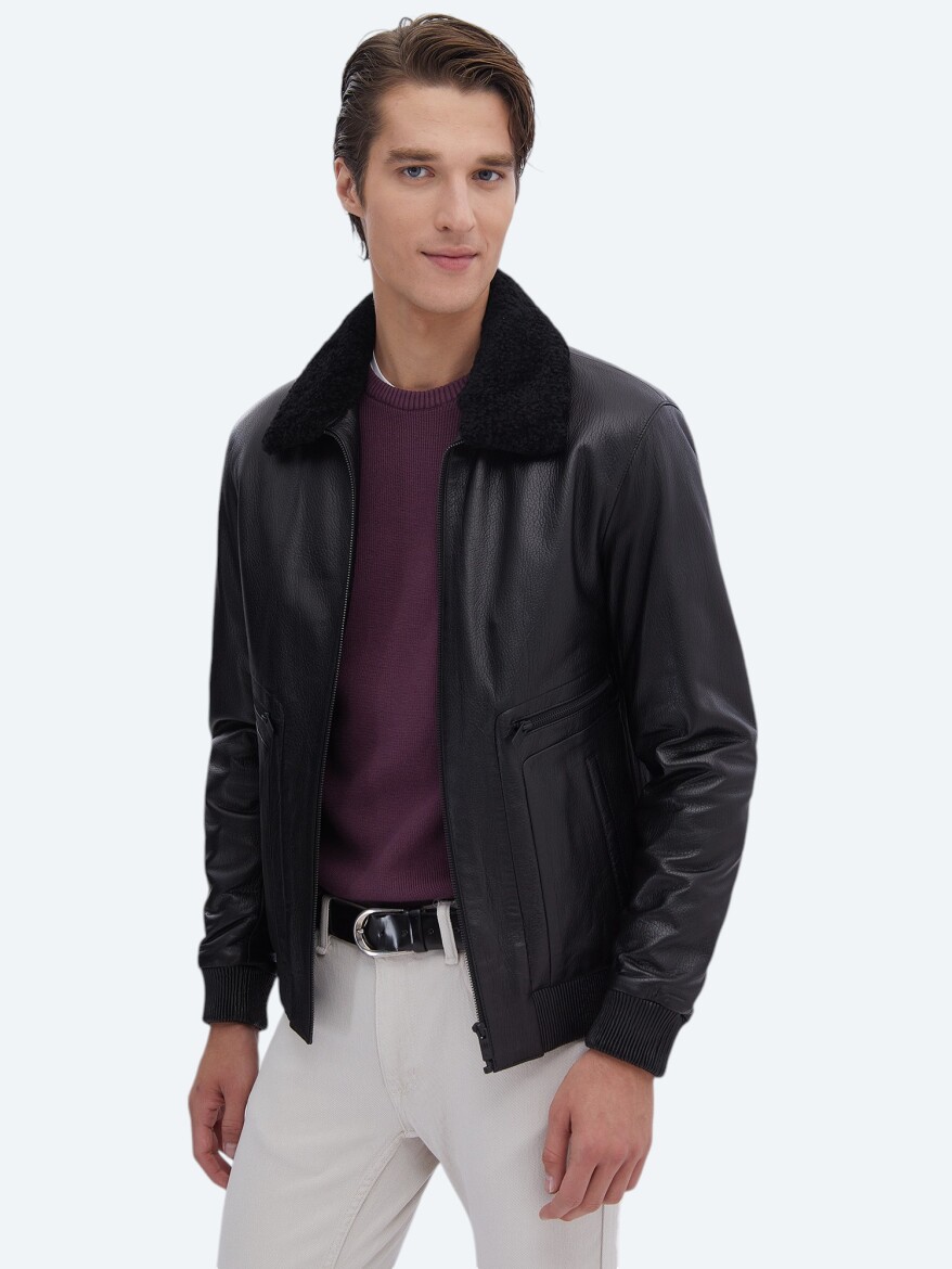 Siyah Regular Fit Smart Casual Koyun Derisi Deri Mont - 1