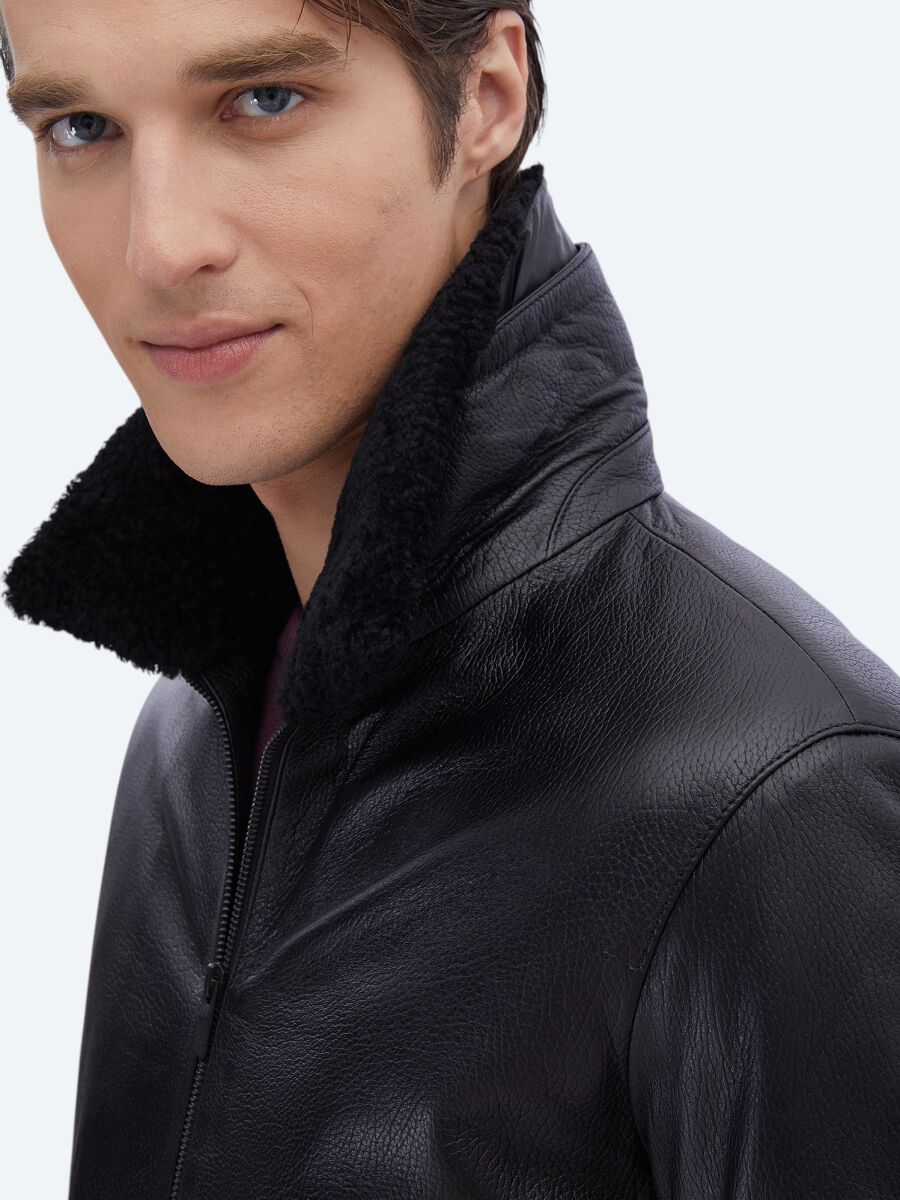 Siyah Regular Fit Smart Casual Koyun Derisi Deri Mont - 6