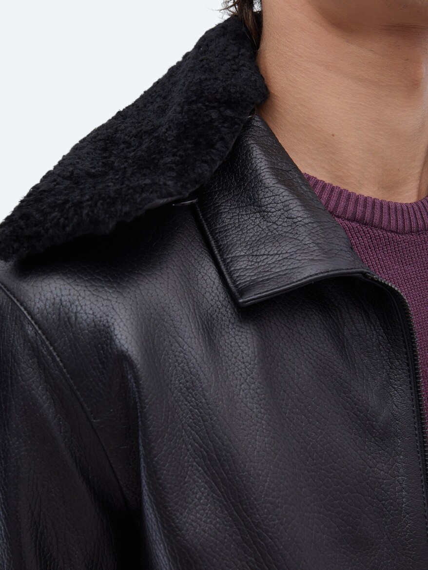 Siyah Regular Fit Smart Casual Koyun Derisi Deri Mont - 7