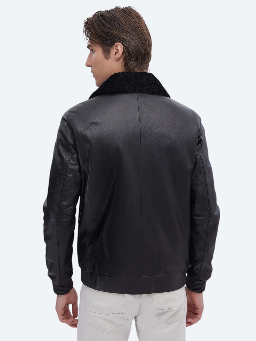 Siyah Regular Fit Smart Casual Koyun Derisi Deri Mont - 9