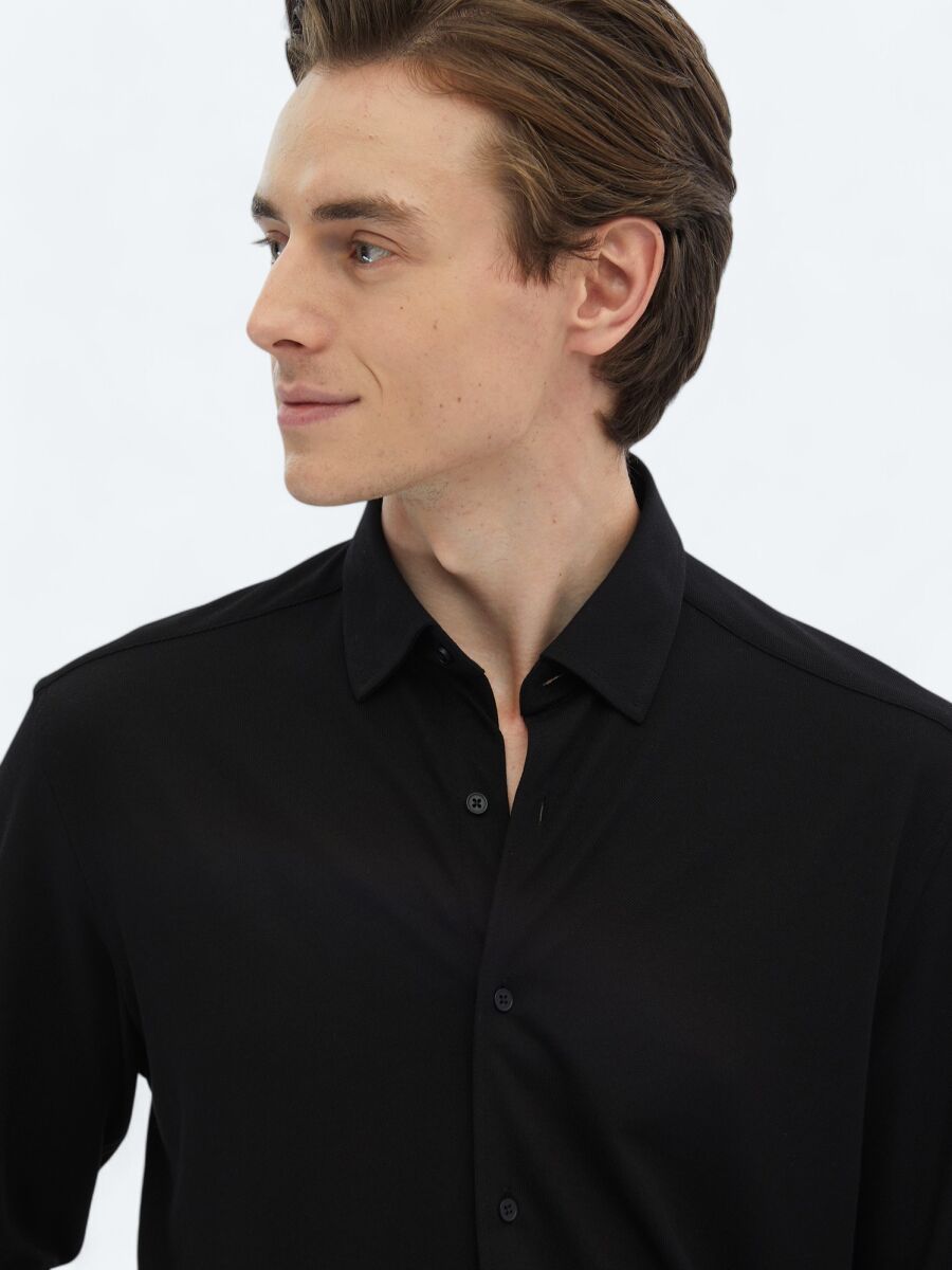 Siyah Regular Fit Uzun Casual Pamuk Karışımlı Gömlek - 5