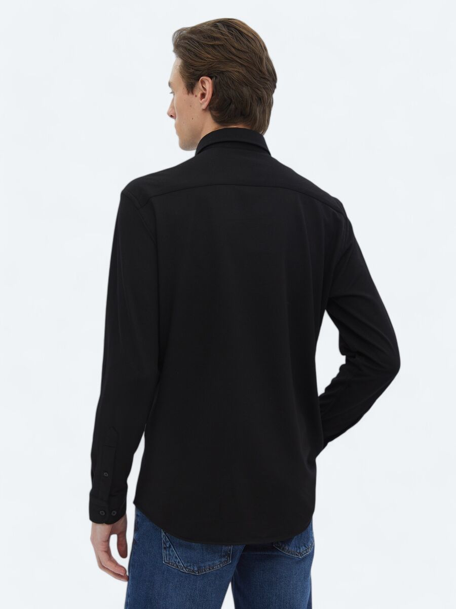 Siyah Regular Fit Uzun Casual Pamuk Karışımlı Gömlek - 7