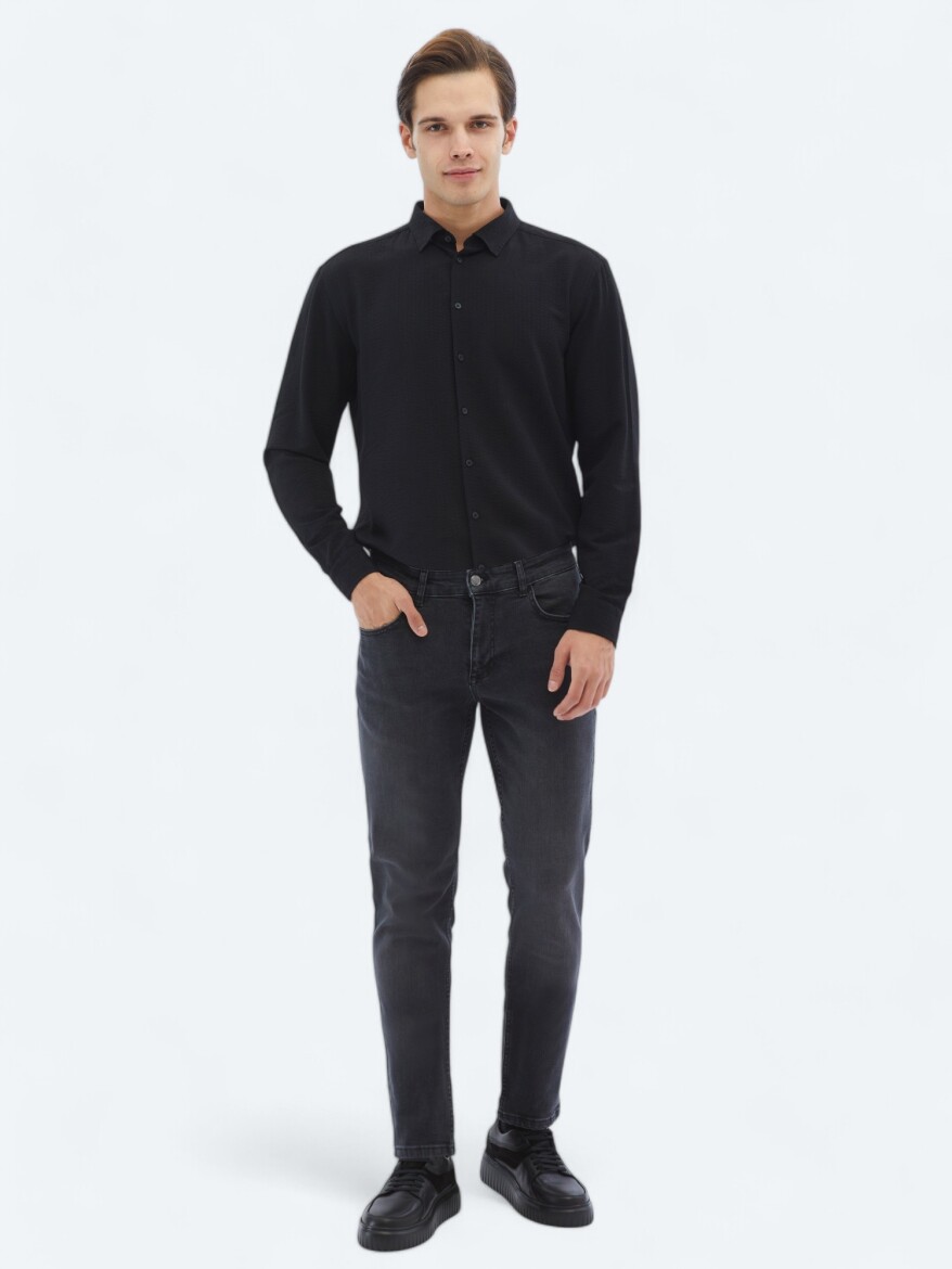 Siyah Regular Fit Uzun Dokuma Casual Gömlek - 2