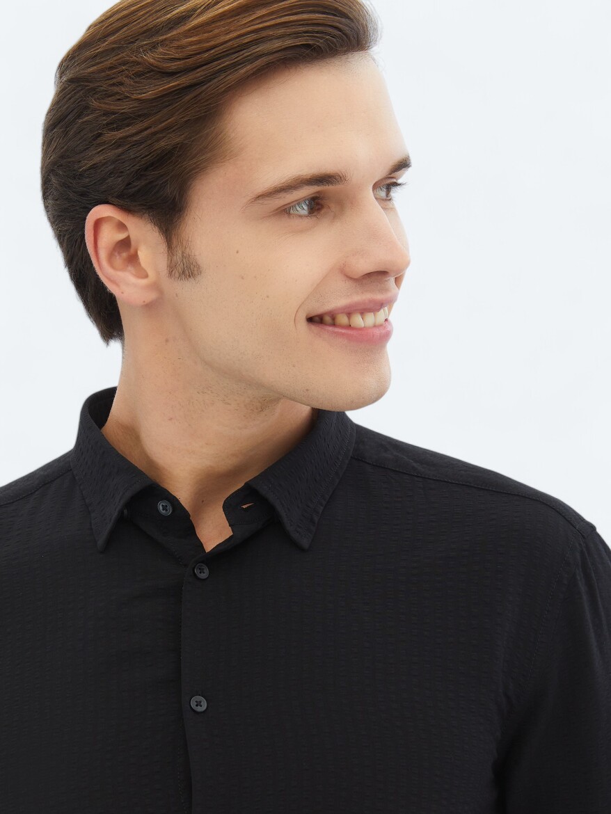 Siyah Regular Fit Uzun Dokuma Casual Gömlek - 3