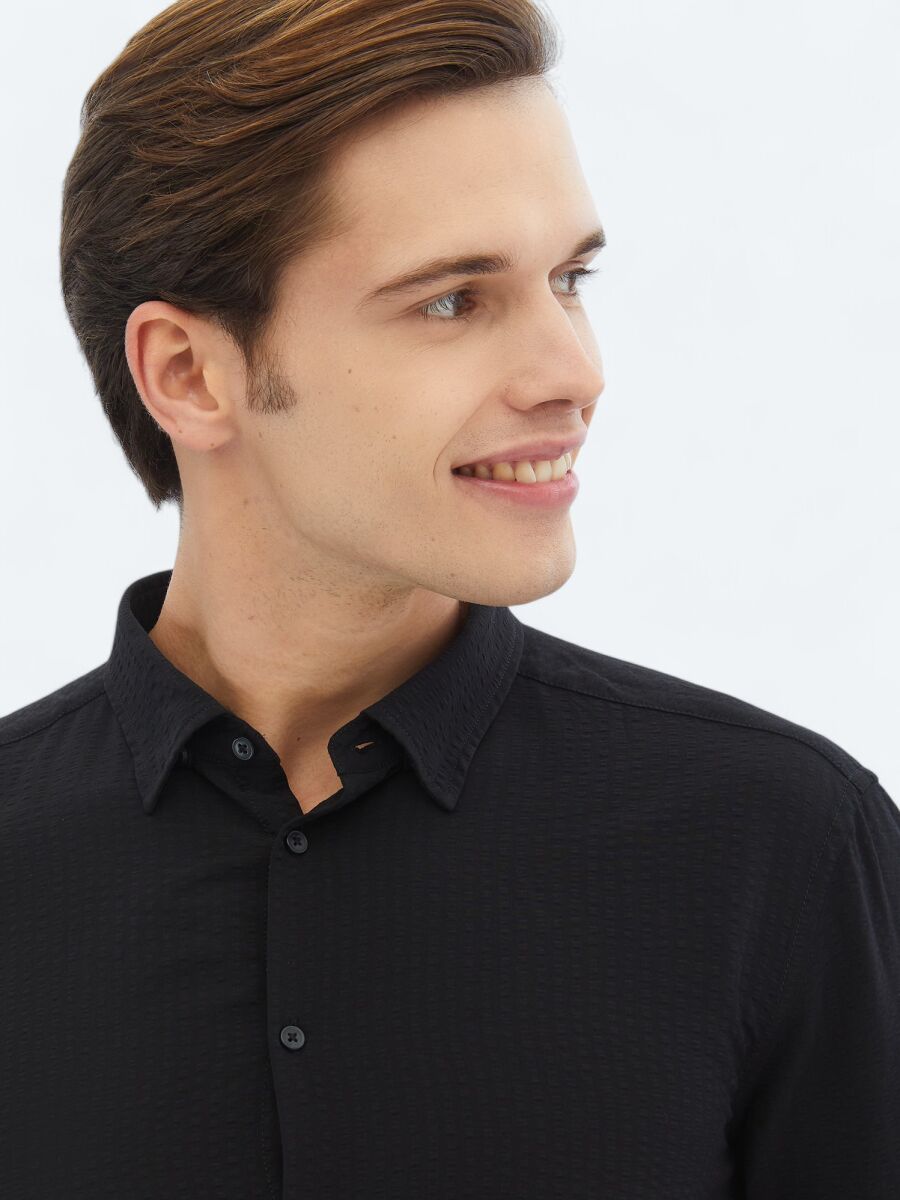 Siyah Regular Fit Uzun Dokuma Casual Gömlek - 3