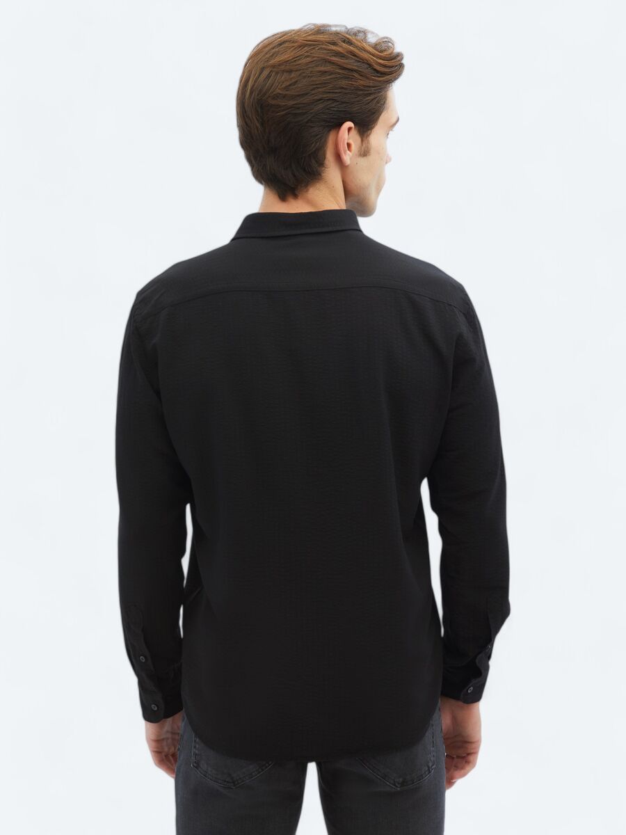 Siyah Regular Fit Uzun Dokuma Casual Gömlek - 5