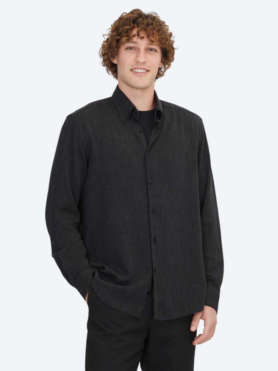 Siyah Regular Fit Uzun Dokuma Casual Gömlek - 1