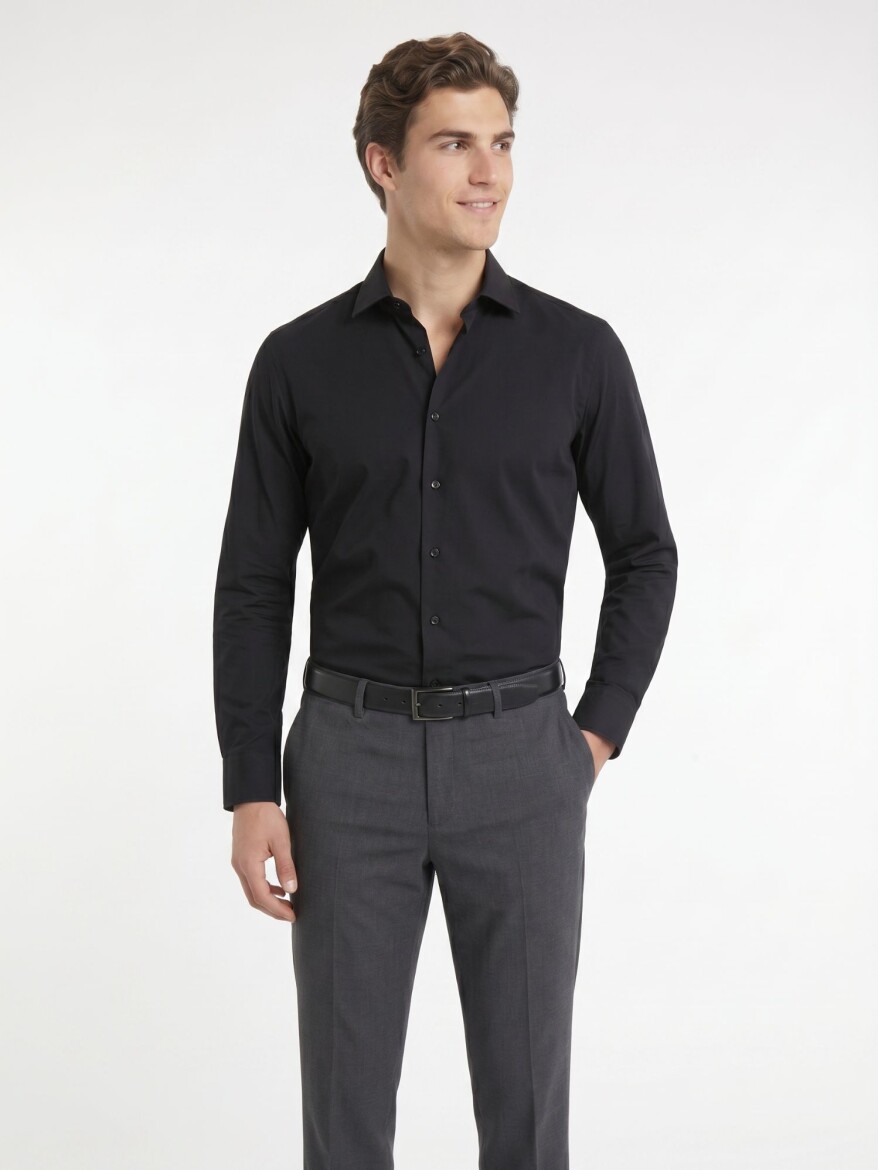 Siyah Regular Fit Uzun Dokuma Casual Pamuk Karışımlı Gömlek - KİP