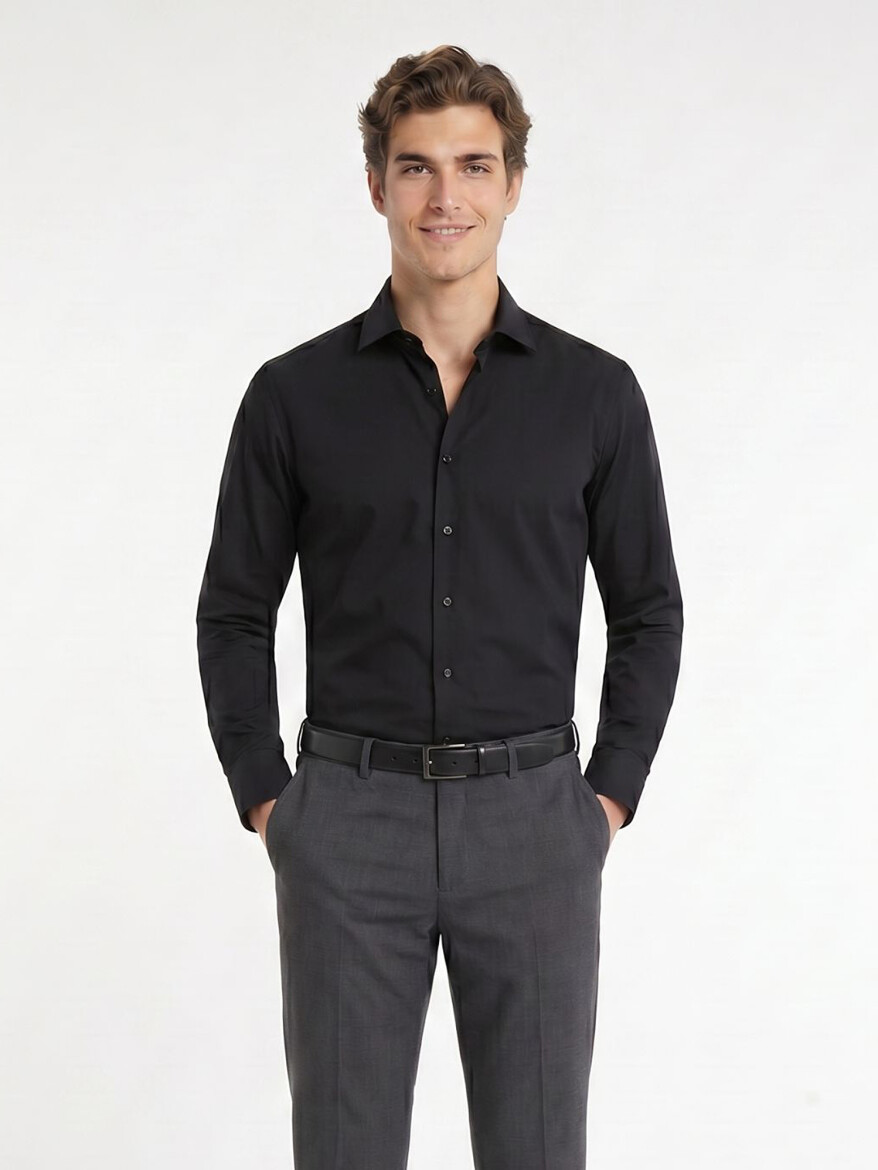 Siyah Regular Fit Uzun Dokuma Casual Pamuk Karışımlı Gömlek - KİP