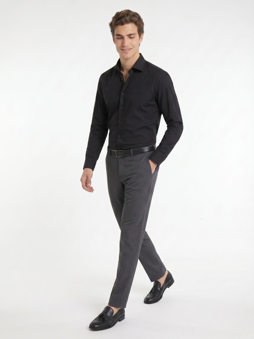 Siyah Regular Fit Uzun Dokuma Casual Pamuk Karışımlı Gömlek - 3